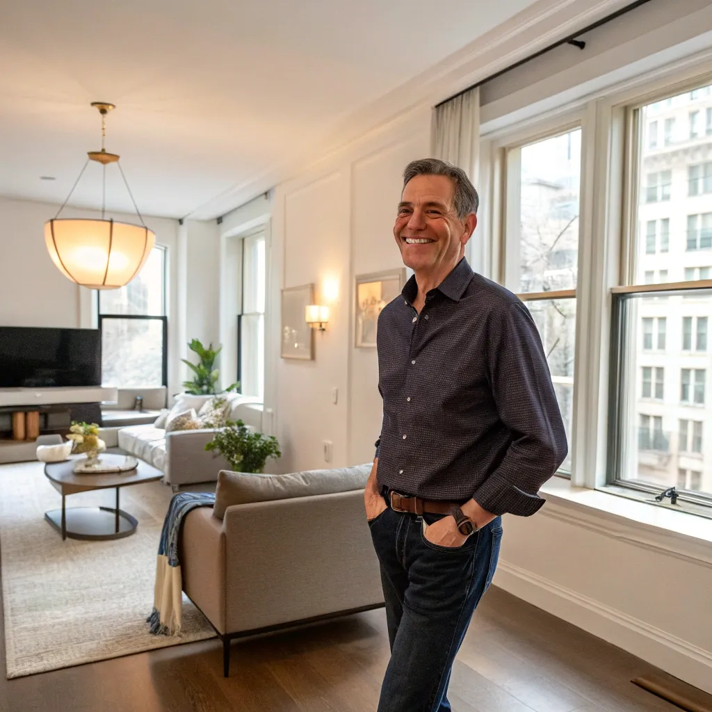 John smiling in his renovated apartment