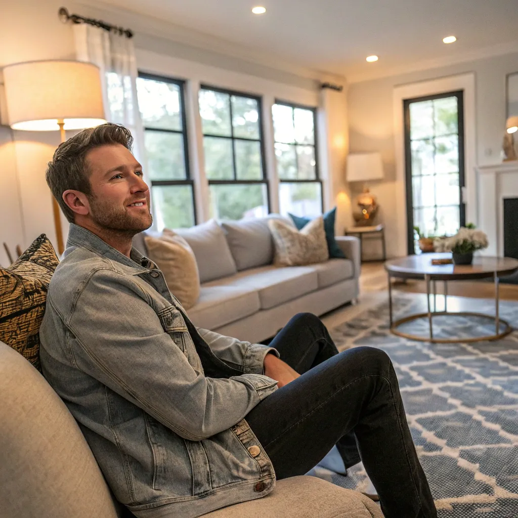 Luke sitting in his renovated living room